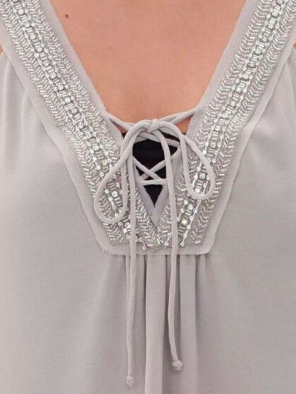 BKE Women's Silvery Grey Embellished Chiffon Lined Lace-up Tank Blouse